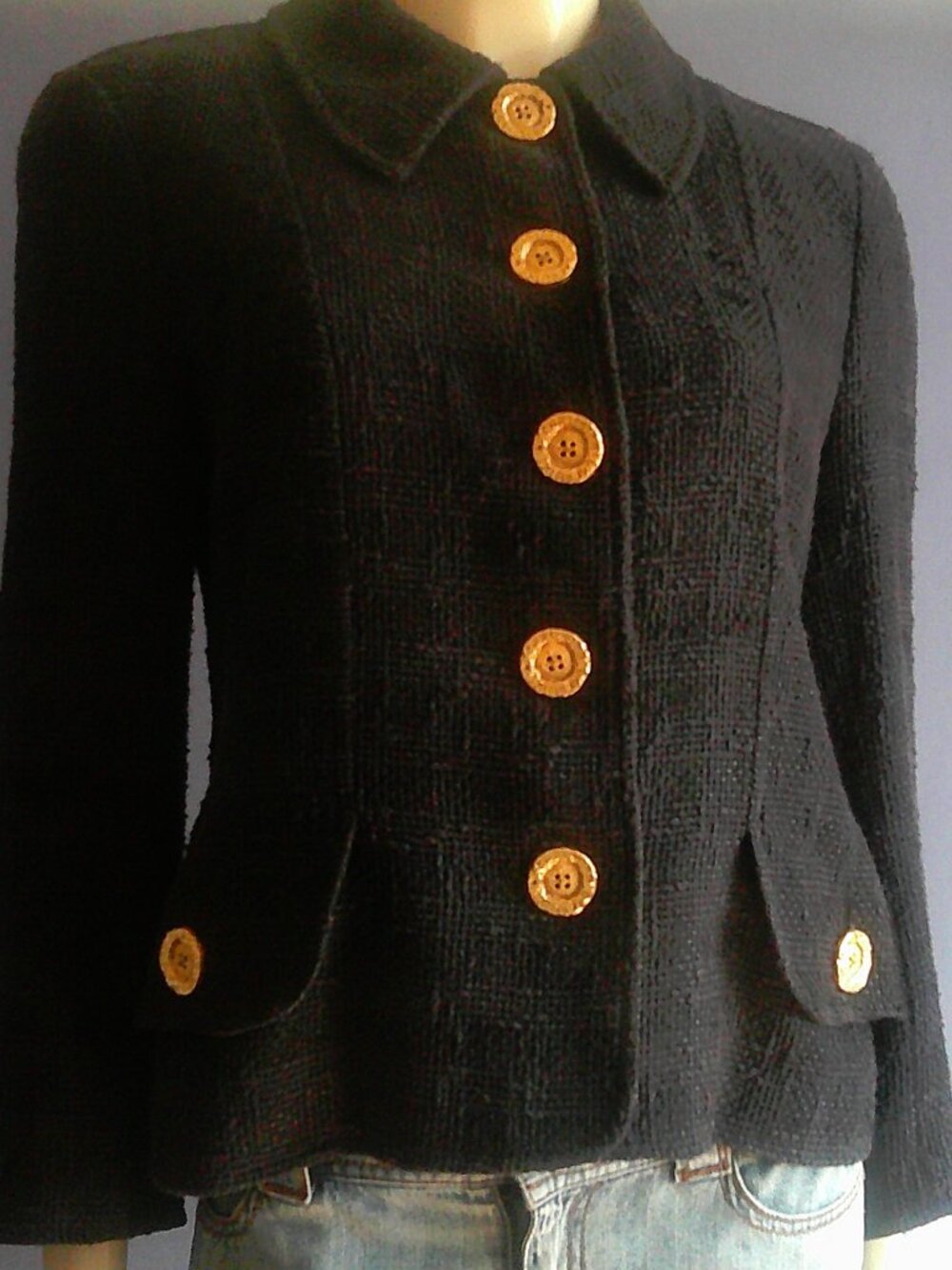 Christian Lacroix Paris Vintage Black Cotton Gold Logo Buttons Jacket Blazer 44